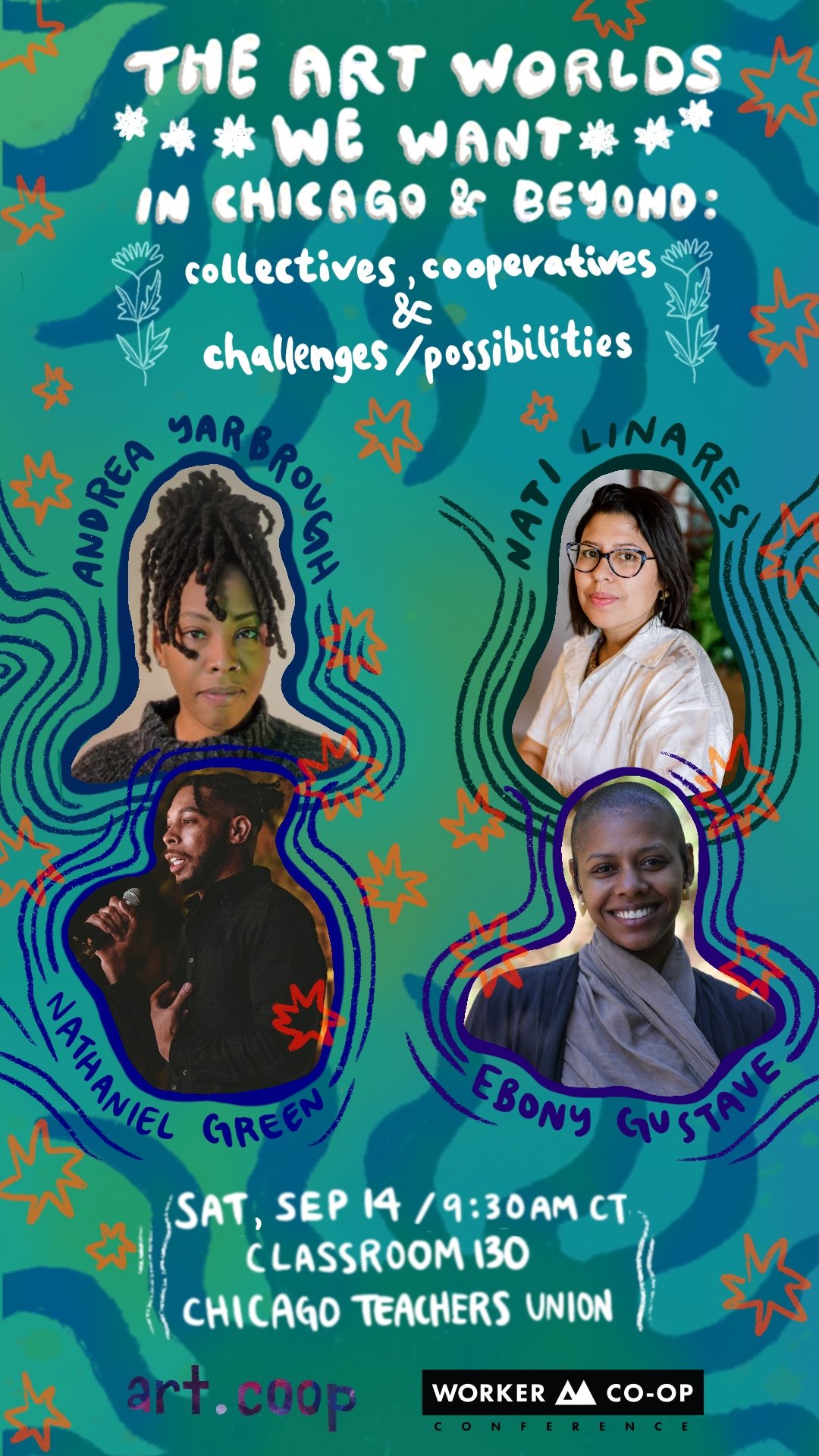 Instagram flyer for an event called Art Worlds We Want In Chicago & Beyond: collectives, cooperatives, and challenges/possibilities. Portraits of four artist-organizers are prominently displayed. The background is blue and green with other illustrative elements.