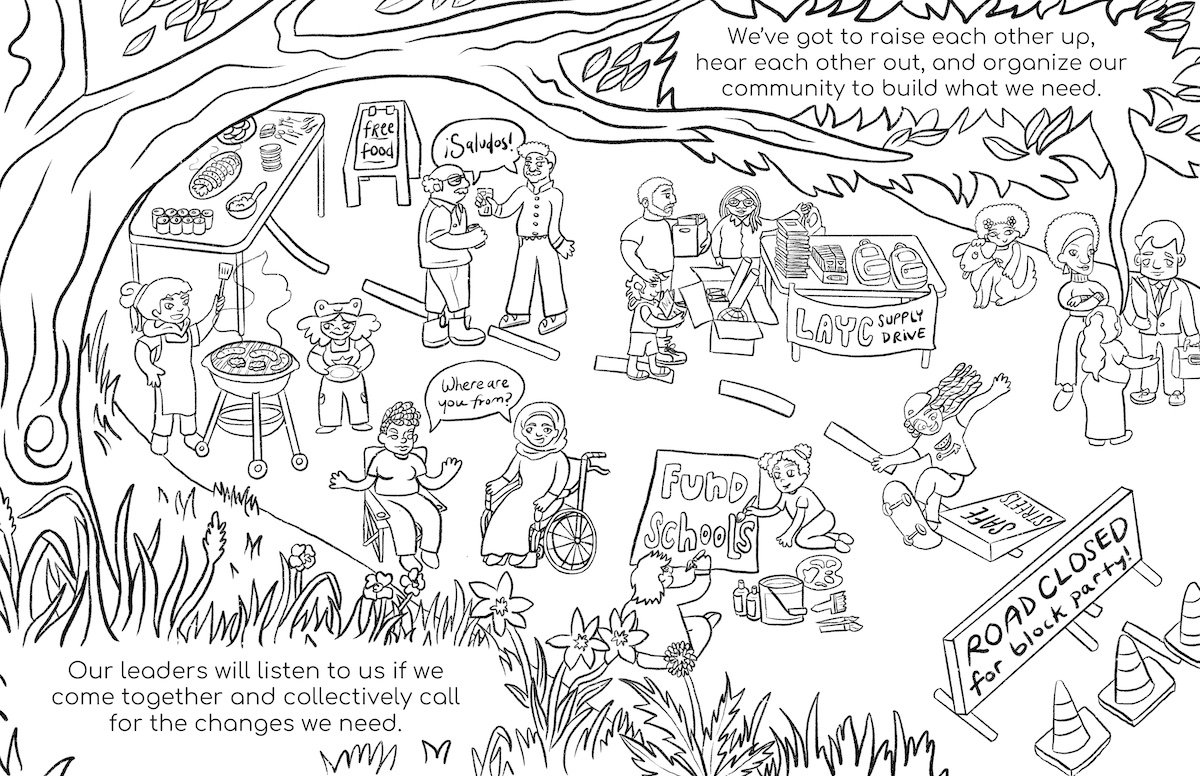 Illustration of a fun community block party.