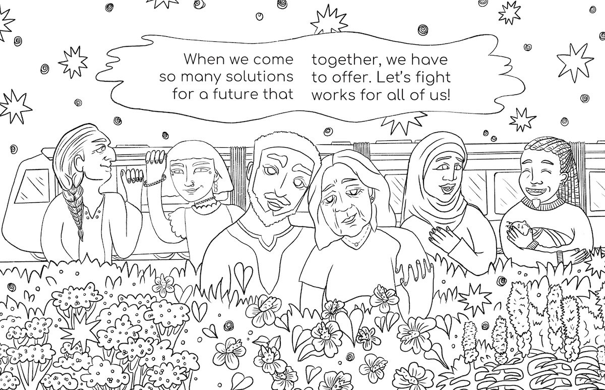 An illustration of a diverse group of people being in community. There are lots of flowers around them. In the background, there is the Purple Line.