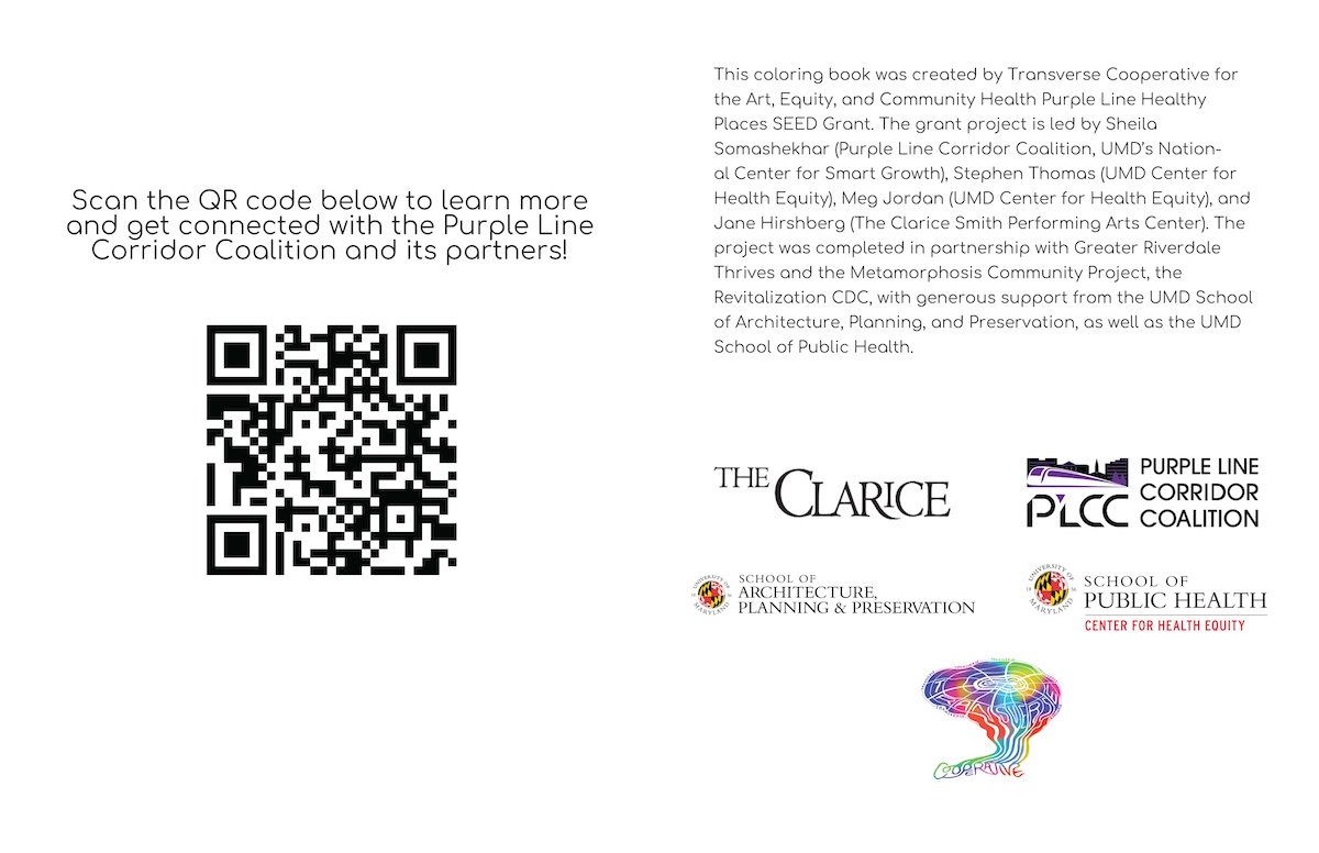 Acknowledgements page of the book include Transverse, The Clarice, UMD School of Public Health, Purple Line Corridor Coalition, School of Architecture of Planning and Preservation.