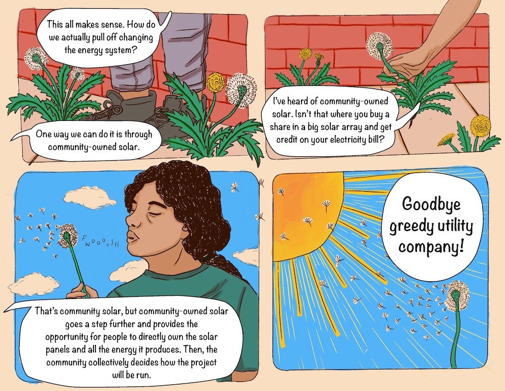 Page 5 of the Community-Owned Solar comic book. The spread features a latinx person picking a dandelion from the sidewalk and blowing it into the window.