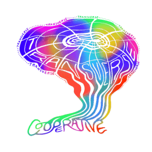 Colorful Transverse Coop logo that is shaped like a melting brain with a portal.