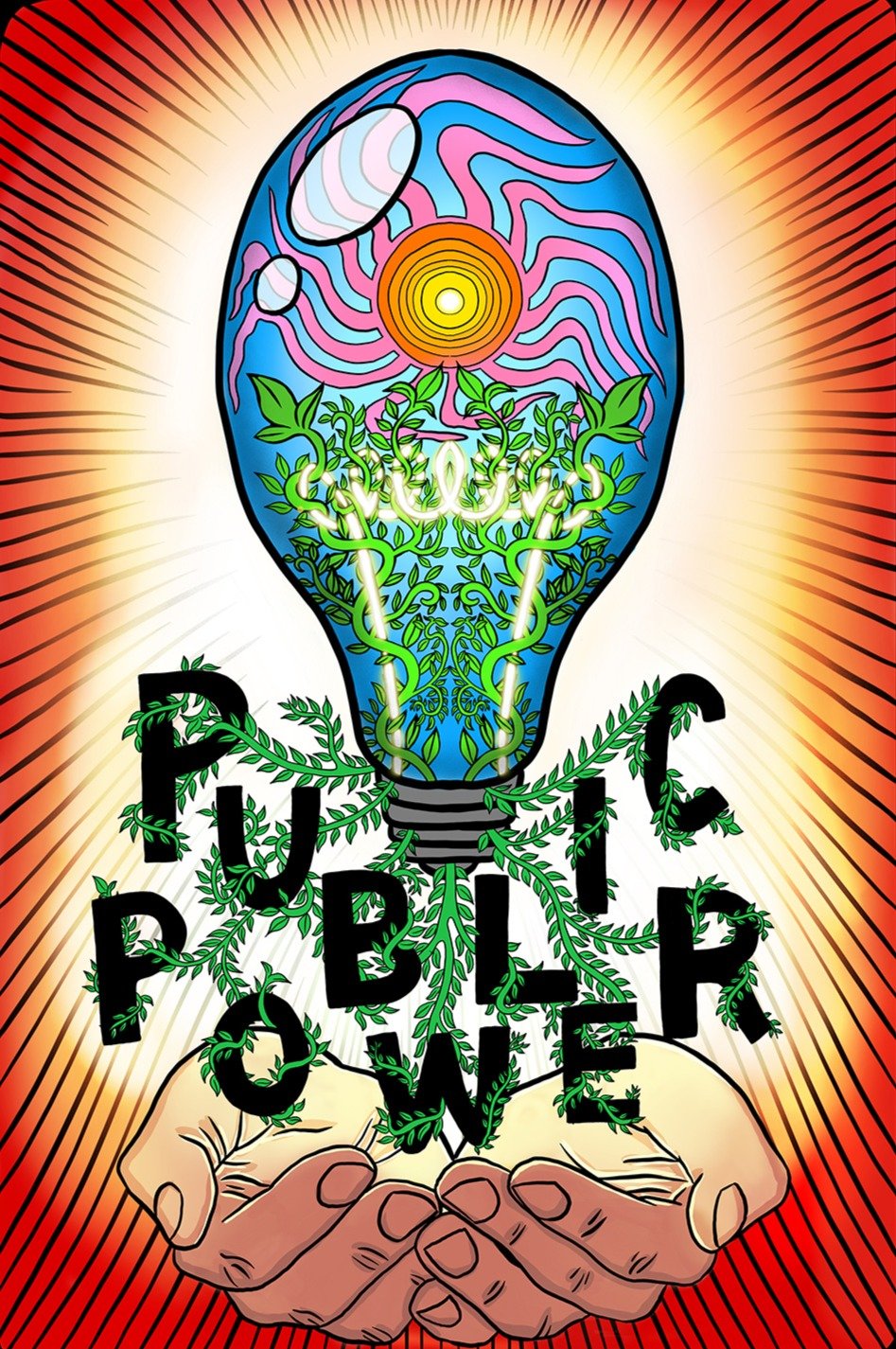 Graphic illustration of a lightbulb with a sun inside and leafy vines coming out of the base. The vines wrap around the words public power. Two hands are cupped and hold it all.